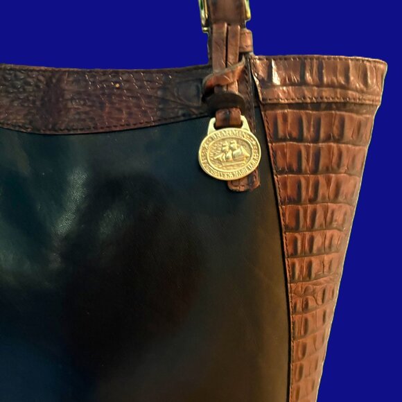 Brahmin Croc-embossed Brown Leather Black Body Suede Interior Gold Hardware EUC - Picture 2 of 13